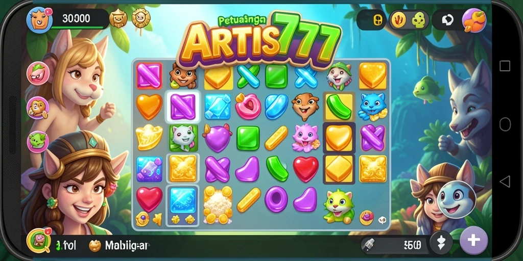 Tampilan seru gameplay Match-3 ARTIS777 dengan karakter menarik.
