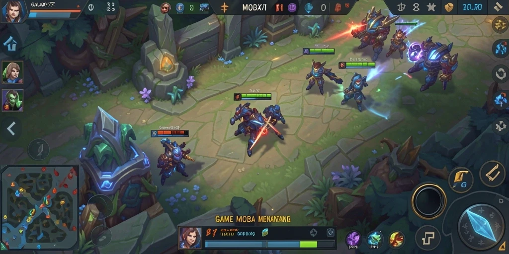 Screenshot gameplay <strong>GALAXY77</strong> menampilkan pertempuran tim yang mendebarkan.
